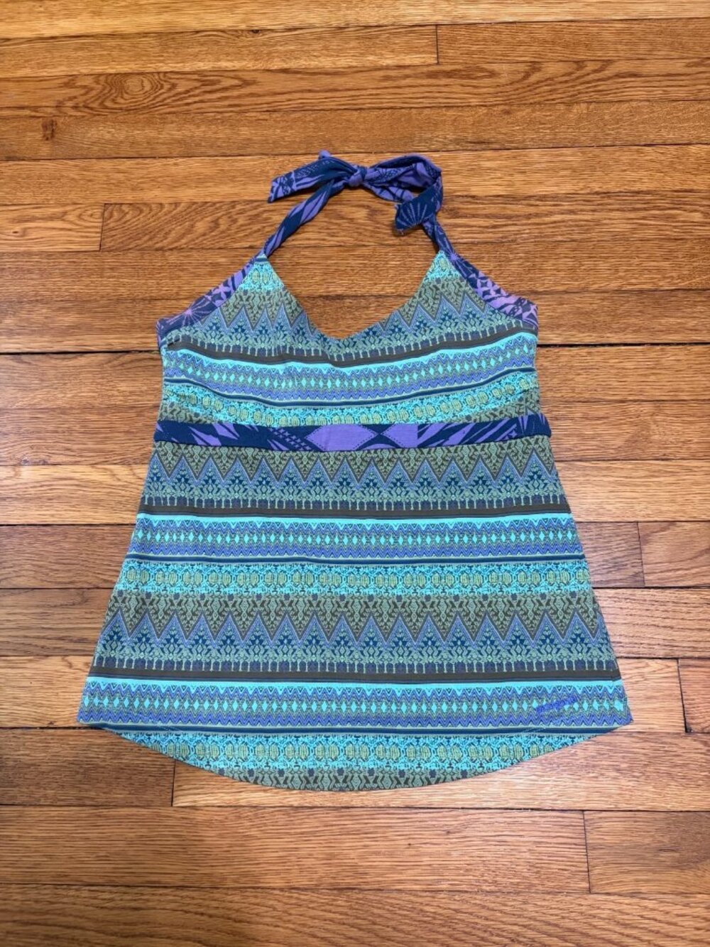 Patagonia Womens Tank Top Size Medium Blue Colorful Halter Strap Organic Cotton